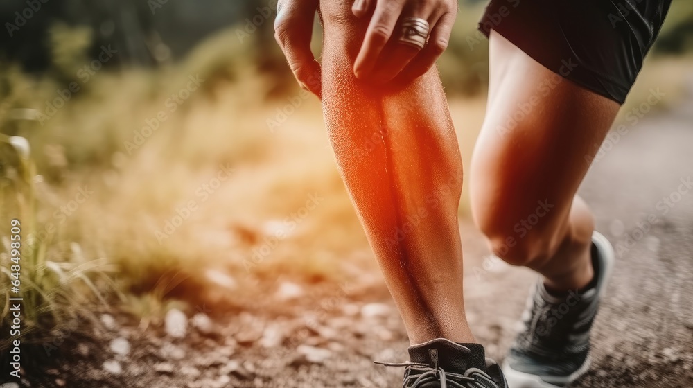 Runner Knee pain in the woods on trail with muscle strain and emergency.