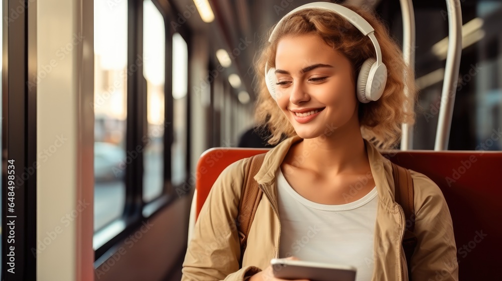 Female Using Phone And Listen Music While Sitting In Tram.