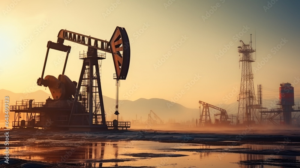 Oil and Gas Drilling Rig, Working Pumpjacks On Sunset, Pollution and environmental risks.