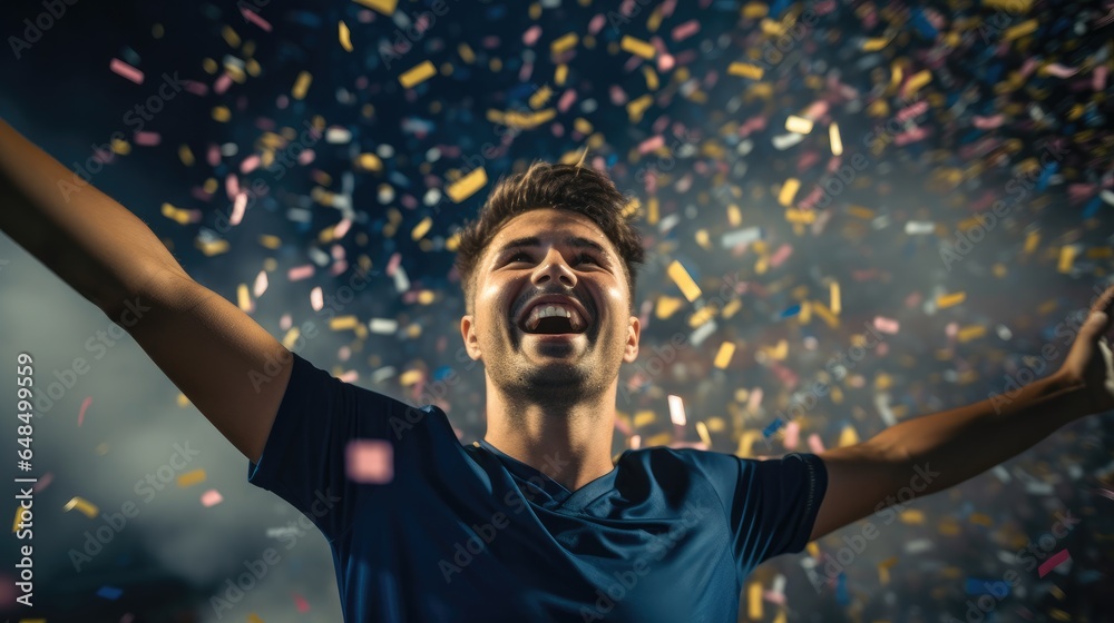 Happy male football sport player celebrating winning with confetti falling, Sports game and celebrating.