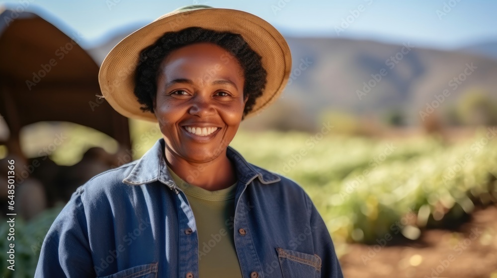 Portrait of female African American farmer in agricultural areas.