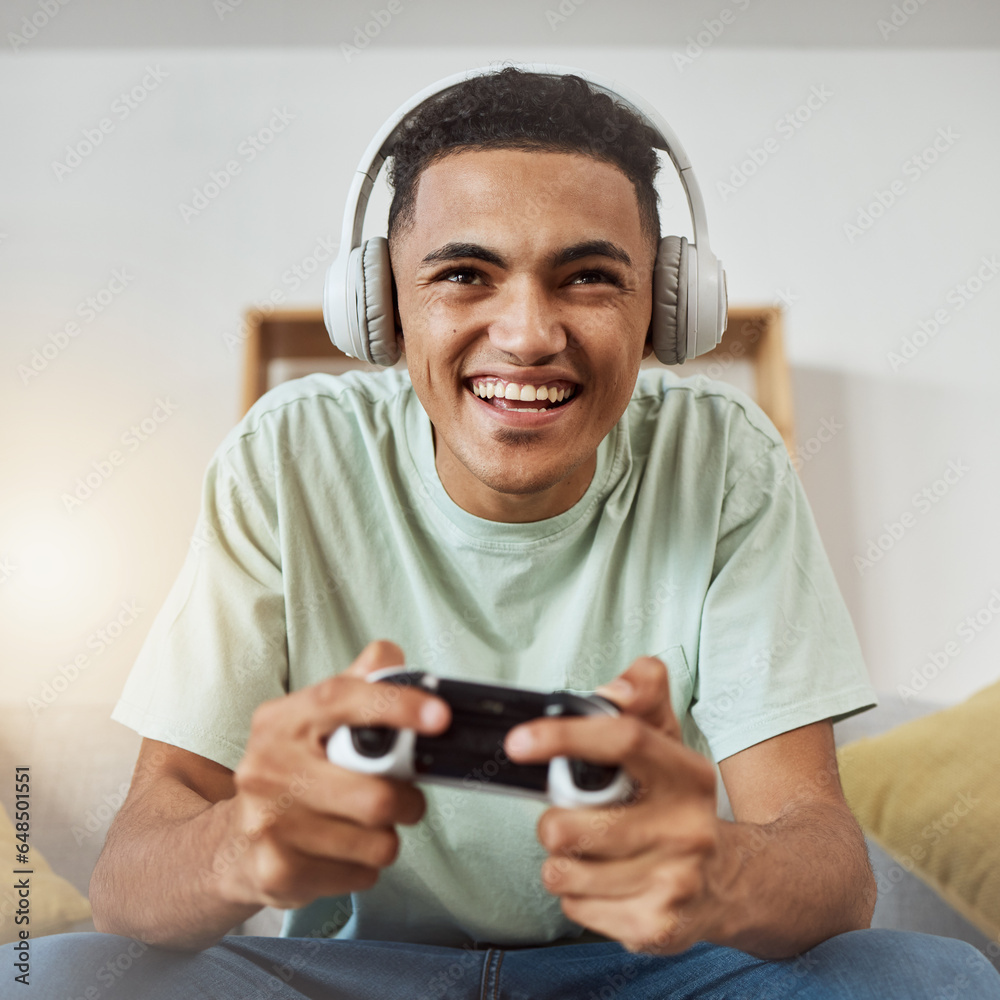 Happy, game controller and man with headphones, listening or relax on a sofa, connection or internet. Person, gamer or guy playing online, home or headset with sound, happiness or console for esports