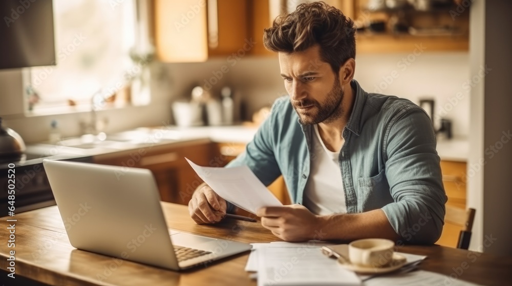 Worried young man going over his bills and home finances.