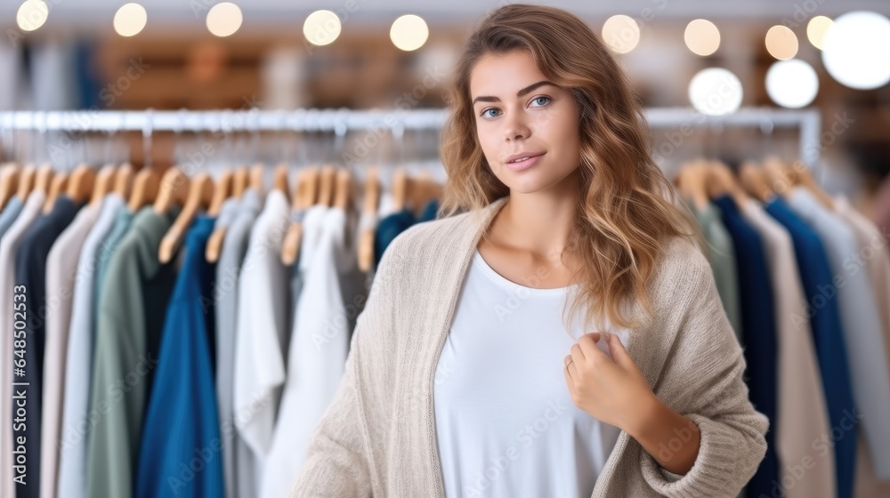 Young woman in casual clothes in the middle of the clothing store.