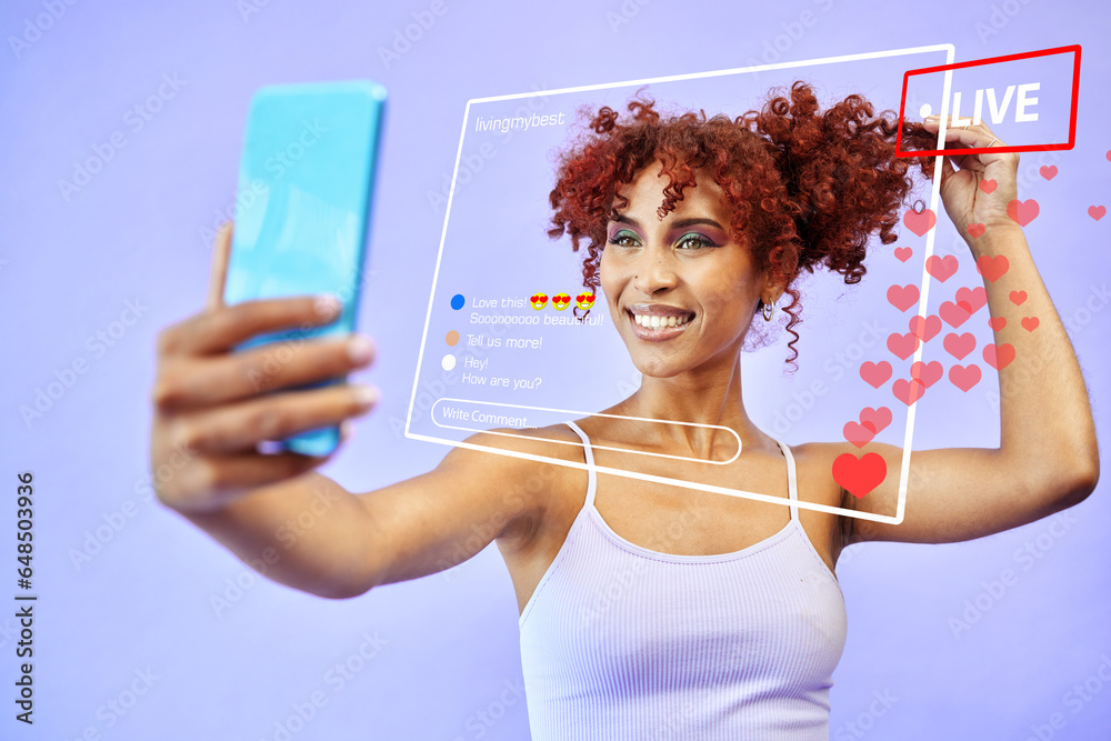 Woman, vlog and live streaming in studio with screen overlay, notification icon and happy by purple background. Gen z influencer girl, selfie recording and contact with followers on social media app