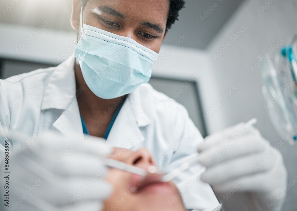 Dentist, consulting and man with patient for medical service, teeth whitening and cleaning. Dental care, oral hygiene and closeup of person with equipment for consultation, check up and treatment