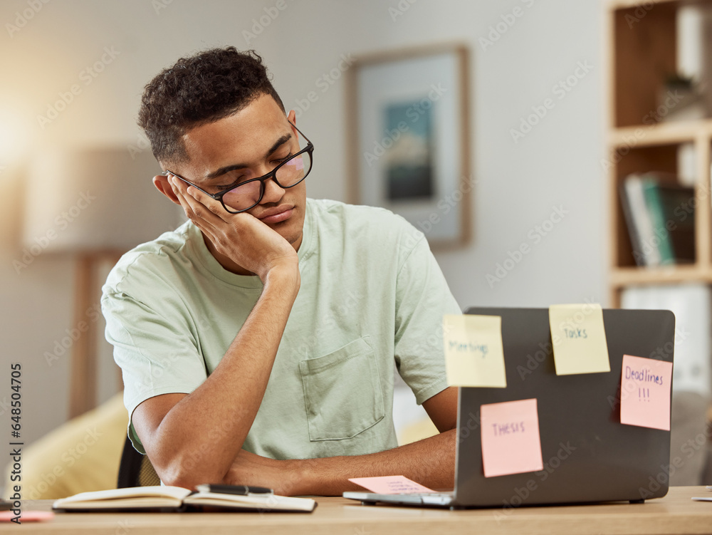 Burnout, laptop and tired business man sleeping in office with fatigue, workload or deadline, note or reminder. Work, fail and lazy guy web designer with low energy nap for online marketing project