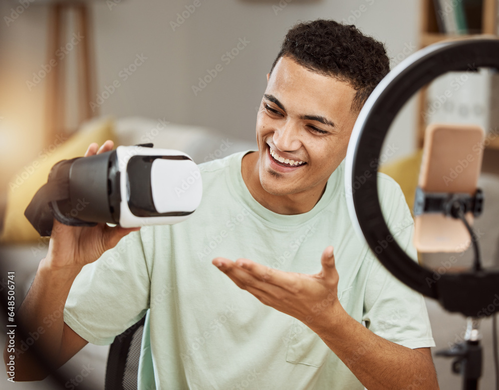 Virtual reality, gaming and review, social media and man with ring light, tech review with influencer or online gamer. Video game, young streamer and content creation for gaming promo and feedback