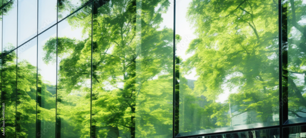 Modern building reflects nature and eco-friendly building in the city, sustainable glass building for reducing heat and carbon dioxide, Office building with a green environment, Blurred image