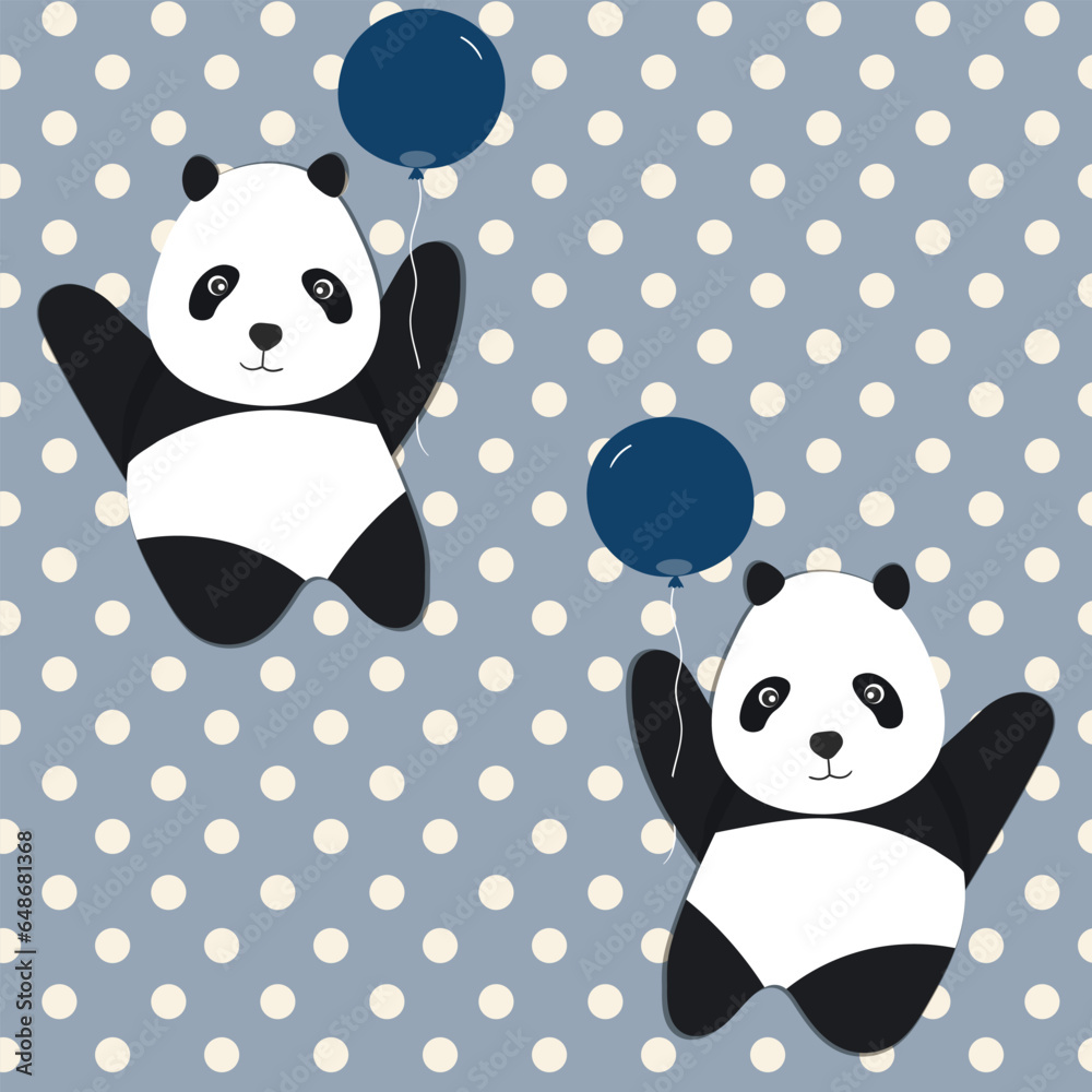 Seamless pattern with cute panda baby on color background. Funny asian animals. Card, postcards for kids. Flat vector illustration for fabric, textile, wallpaper, poster, gift wrapping paper