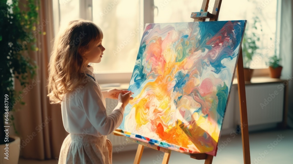 A little girl painting an abstract painting on an easel