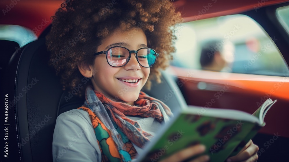 Young boy in a car reads a book