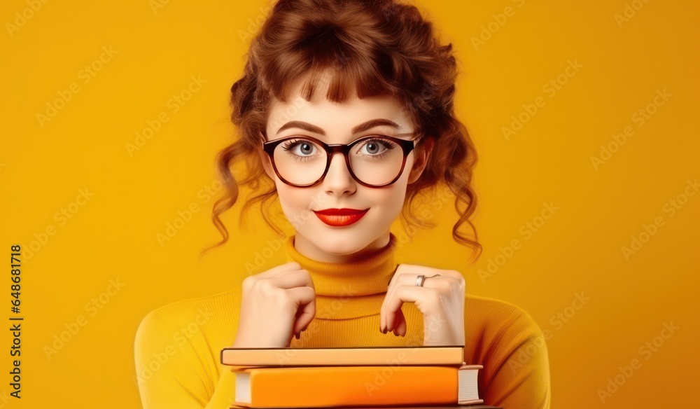 Young girl with stack of books