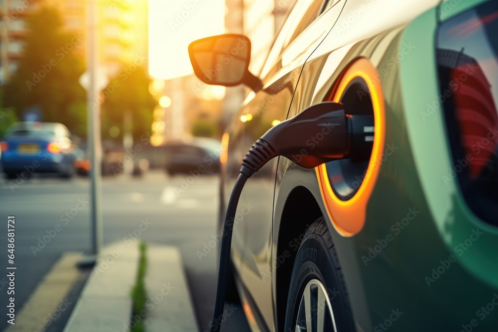 An electric car charged at a station