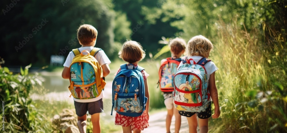 Kids holding backpacks standing in front of a street