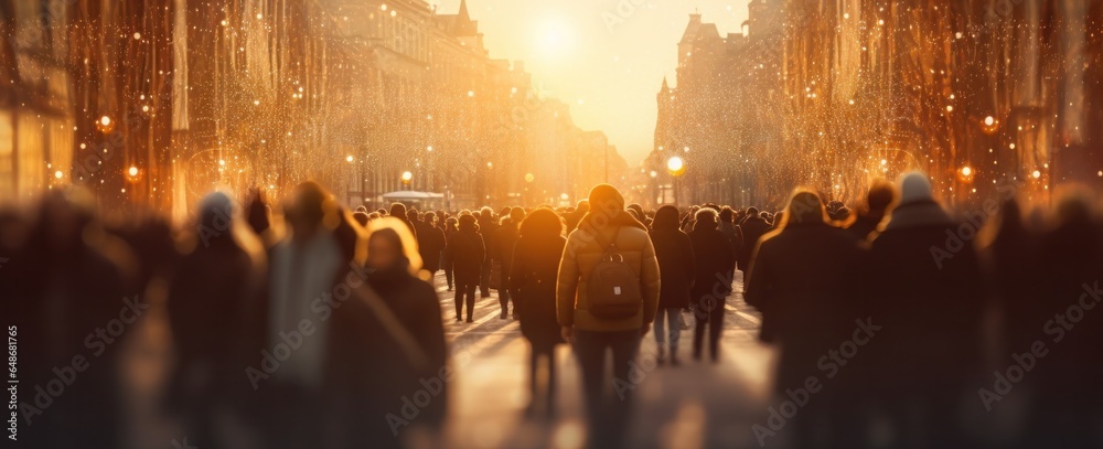 A group of people walking in a city evening