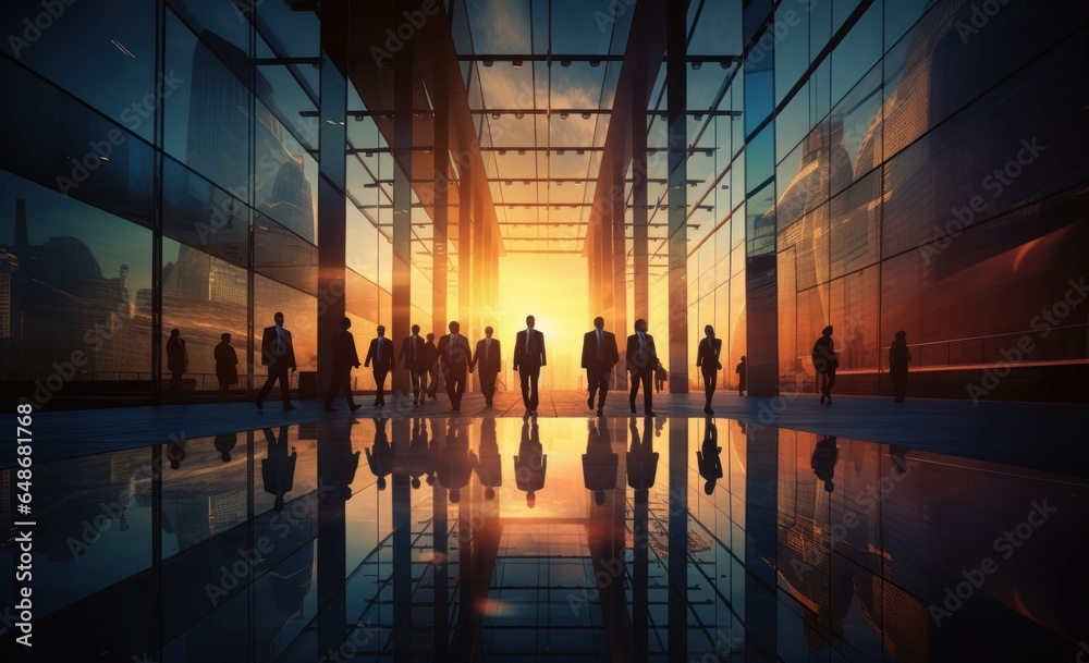 Silhouette of silhouettes of business person and people walking in city street