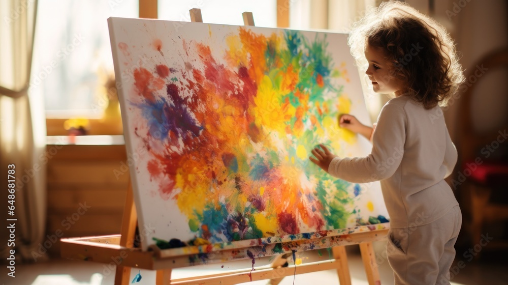 A little girl painting an abstract painting on an easel