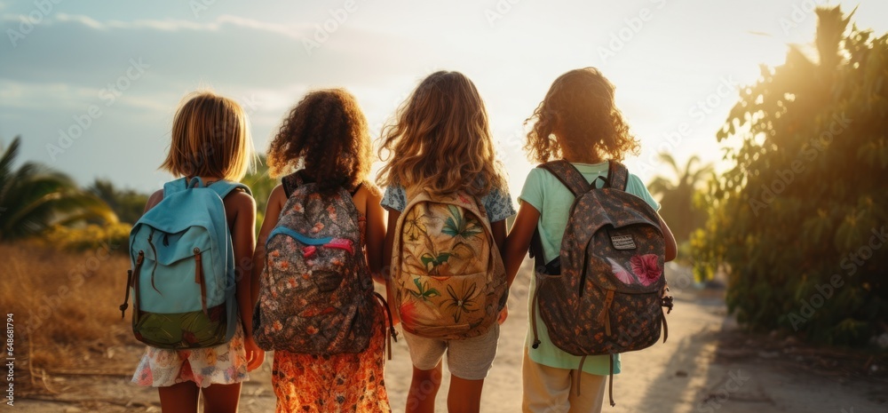 Kids holding backpacks standing in front of a street