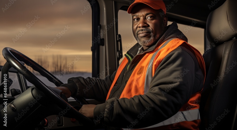 A truck driver is driving a truck with an orange vest