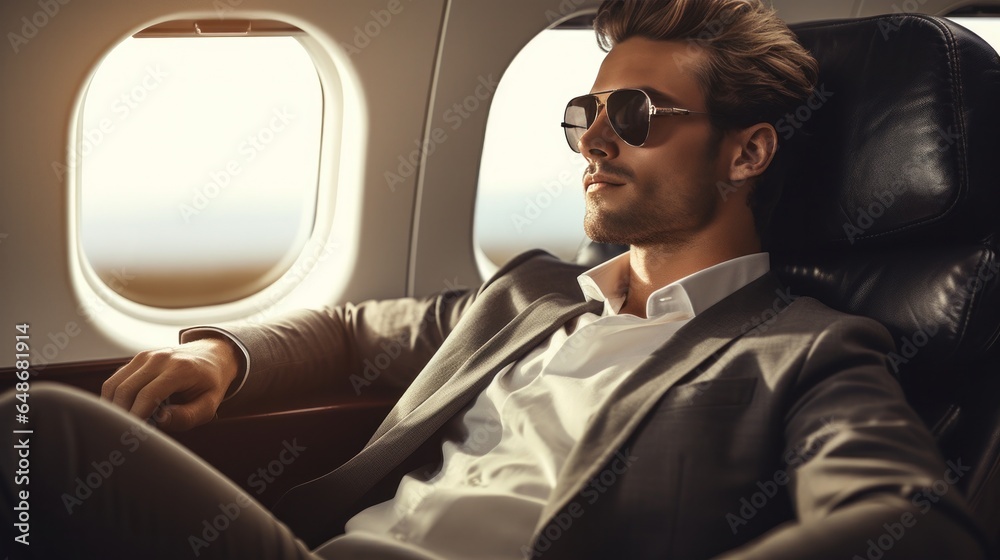 One handsome businessman relaxes on a plane