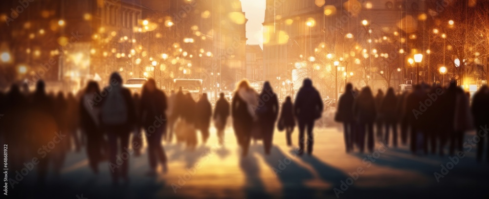 A group of people walking in a city evening