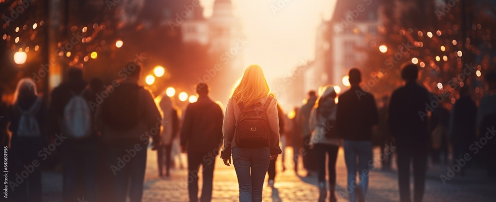 A group of people walking in a city evening