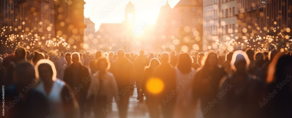 A group of people walking in a city evening