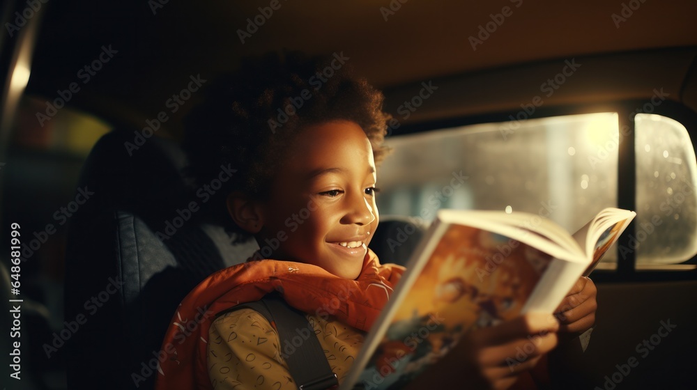 Little boy reading a magazine in a car