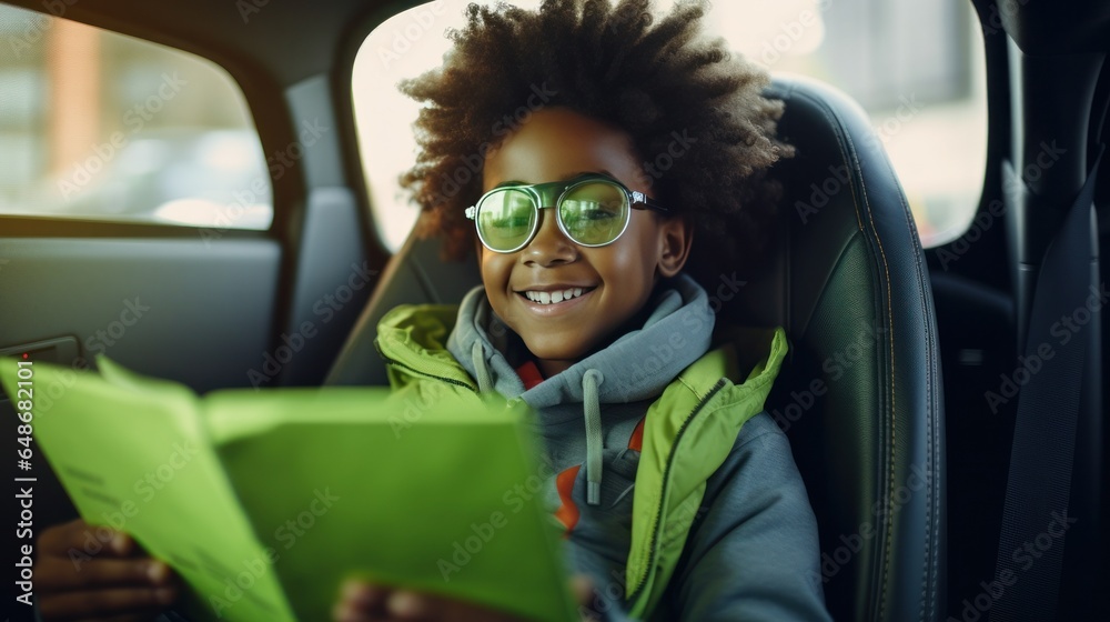 Little boy reading a magazine in a car