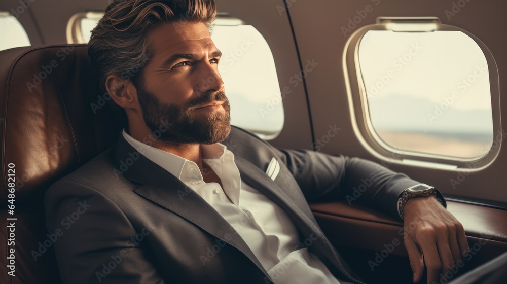 One handsome businessman relaxes on a plane