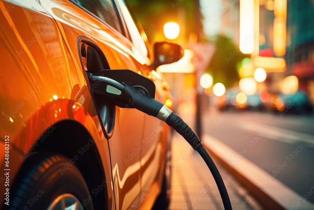 An electric car charged at a station