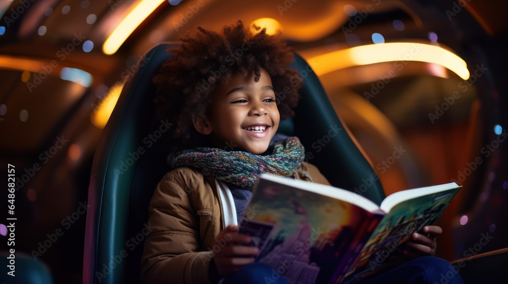 Little boy reading a magazine in a car