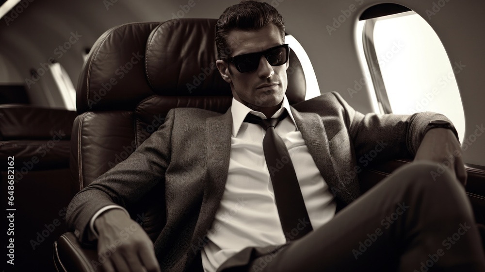 One handsome businessman relaxes on a plane