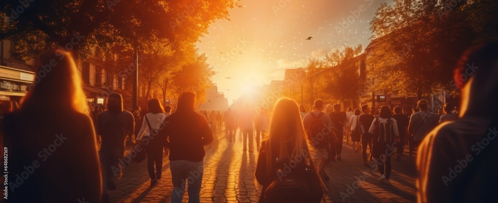 A group of people walking in a city evening