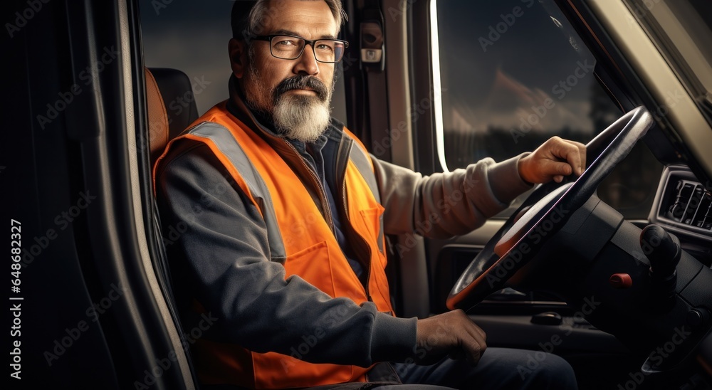 A truck driver is driving a truck with an orange vest