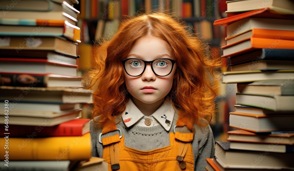 Young girl with stack of books