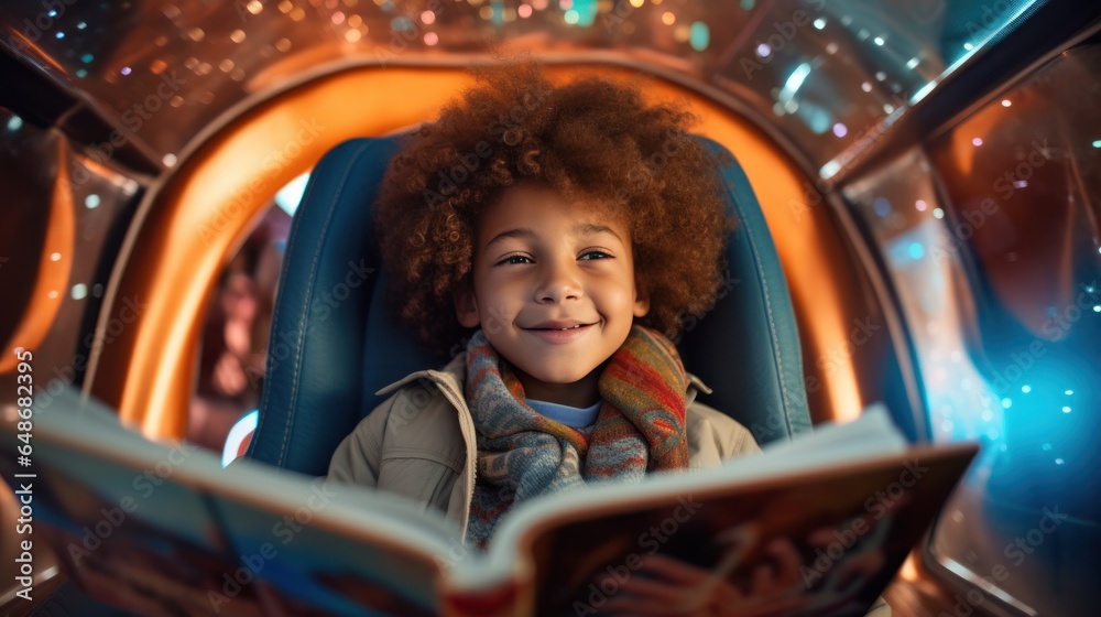 Little boy reading a magazine in a car