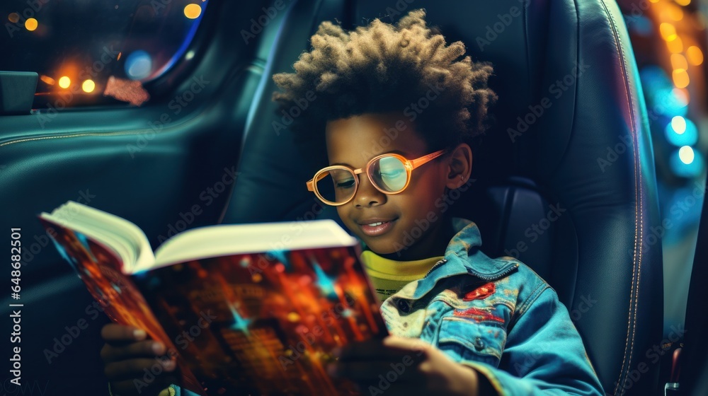 Young boy in a car reads a book