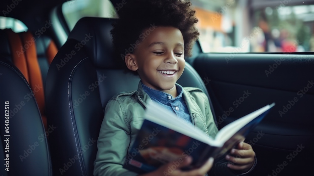 Little boy reading a magazine in a car