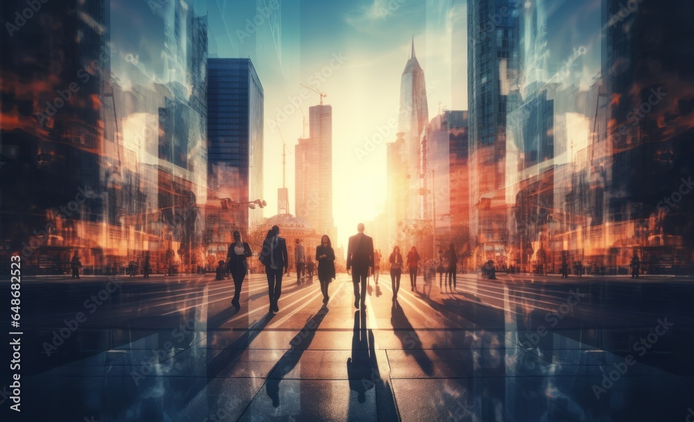 Silhouette of silhouettes of business person and people walking in city street