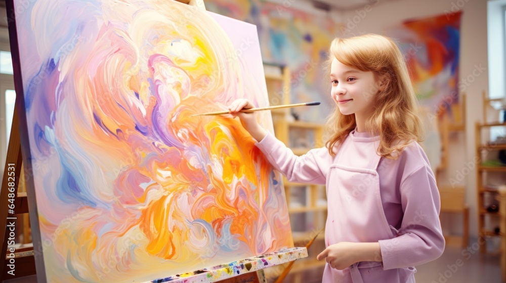 A little girl painting an abstract painting on an easel