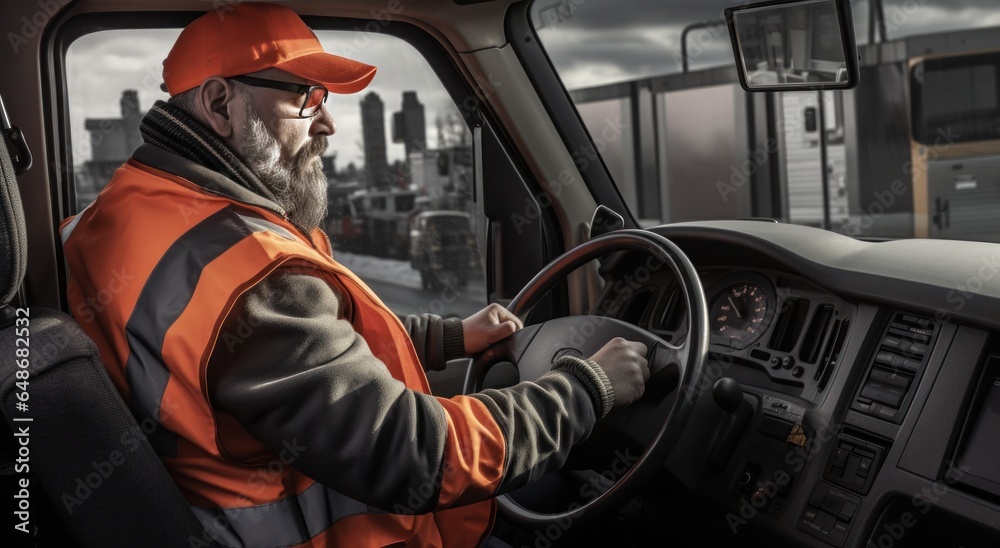 A truck driver is driving a truck with an orange vest