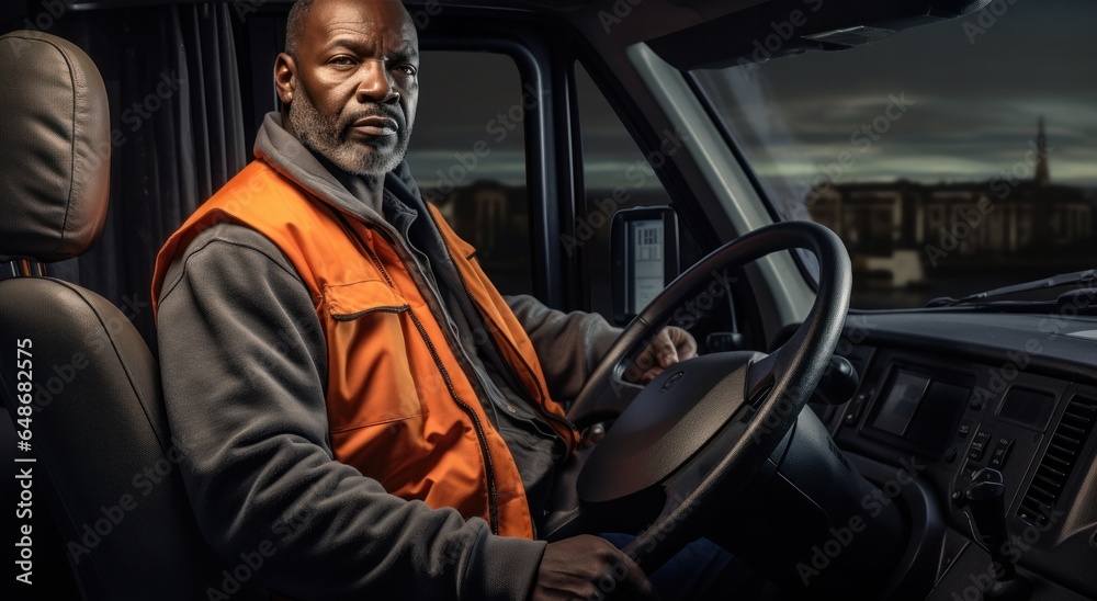 A truck driver is driving a truck with an orange vest