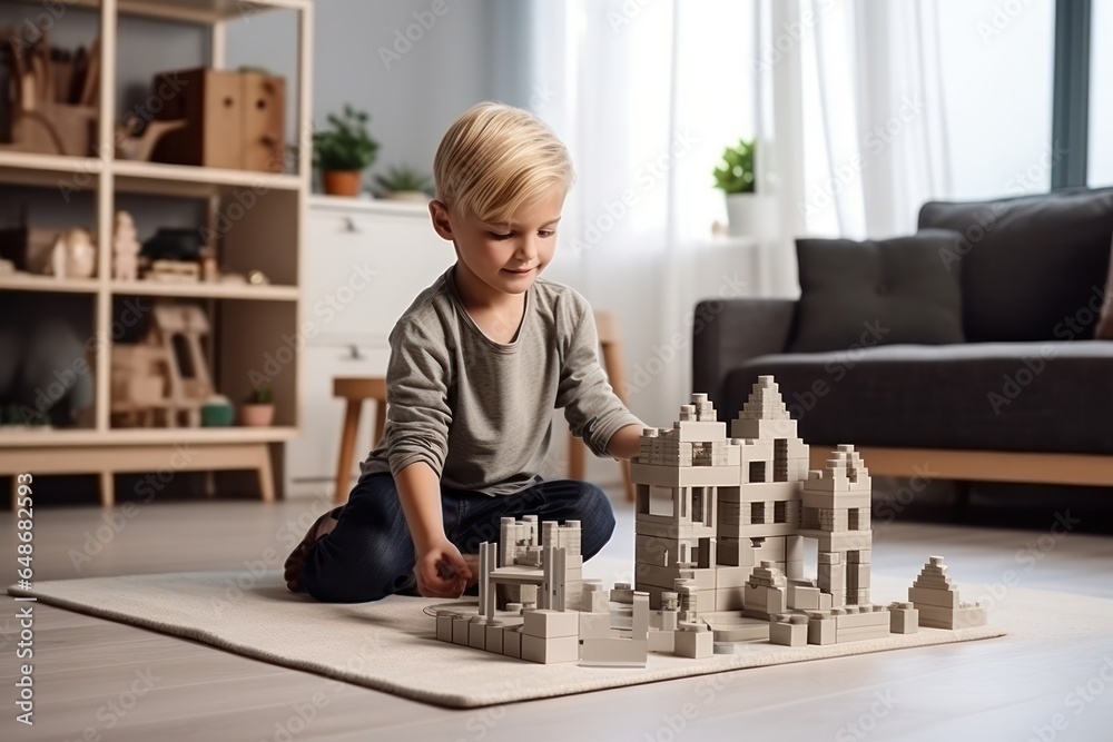 Child playing with wooden blocks in the family room