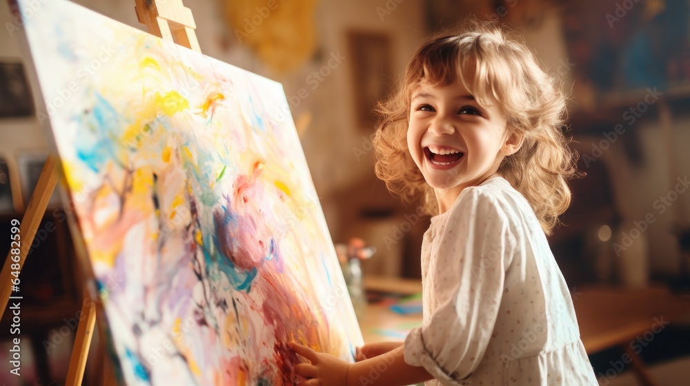 A little girl painting an abstract painting on an easel