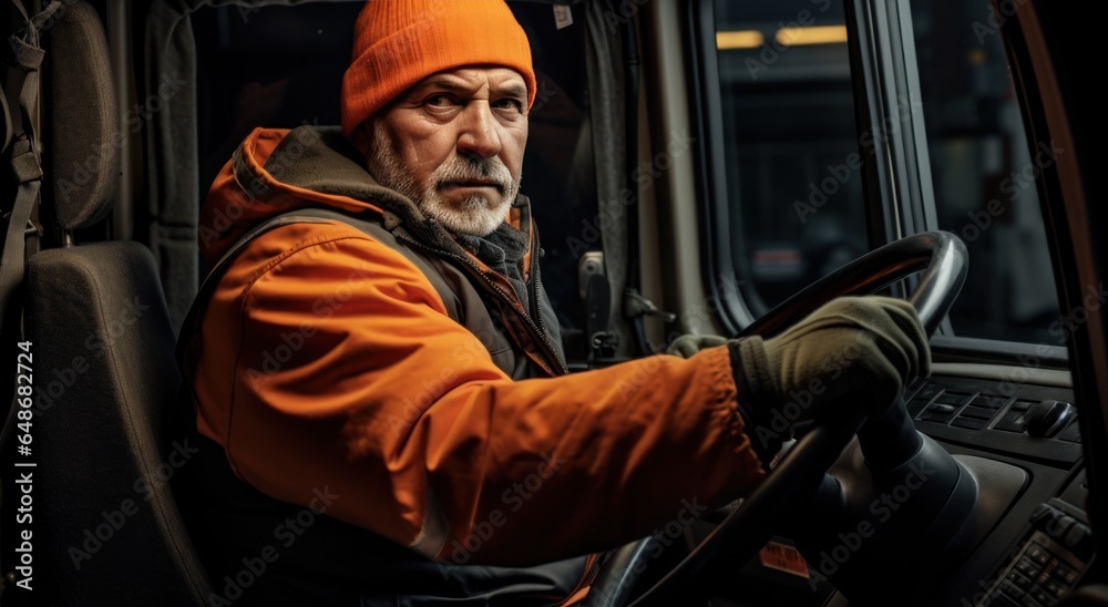 A truck driver is driving a truck with an orange vest