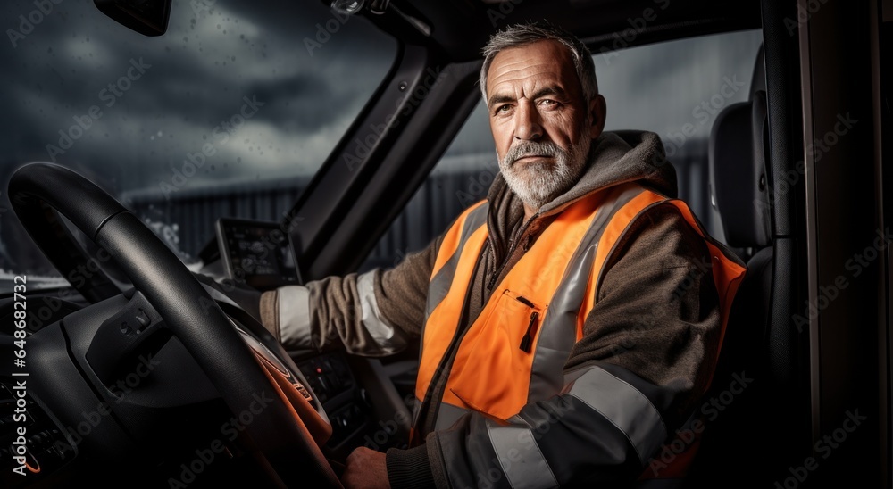 A truck driver is driving a truck with an orange vest