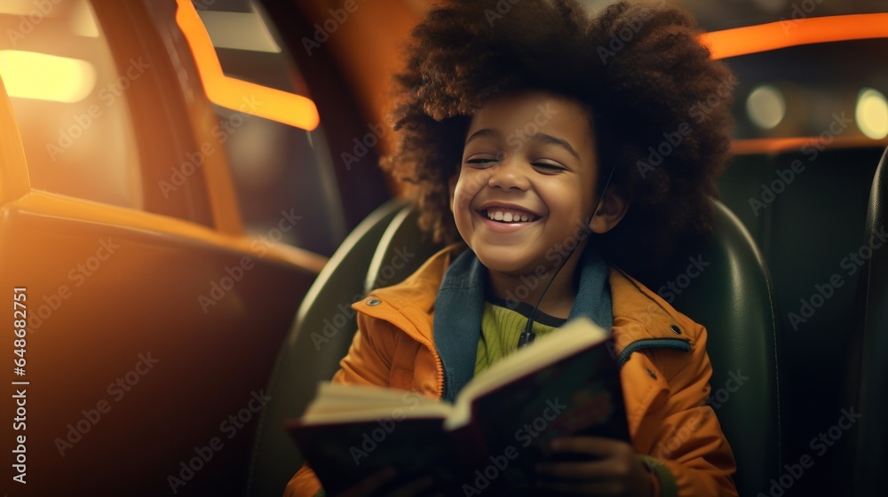 Little boy reading a magazine in a car