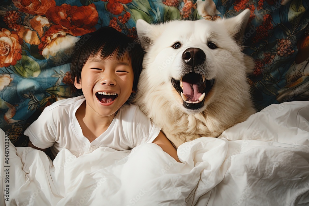 close up portrait of best friend pet,  a happy Japanese boy with cute fluffy white fur dog lay down together on bed, Generative Ai